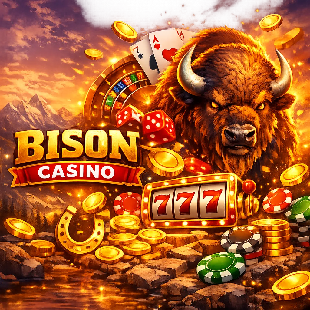 Dynamic promotional image for Bison Casino featuring vibrant colors and premium gaming elements.