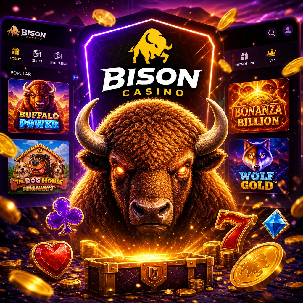 Square promo image for Bison Casino showcasing brand elements and slot visuals with vibrant atmosphere.